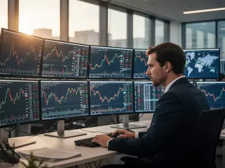 Börsenhändler an einem Schreibtisch vor mehreren Monitoren mit Finanzdaten in einem Frankfurter Büro. - Foto: über boerse-global.de