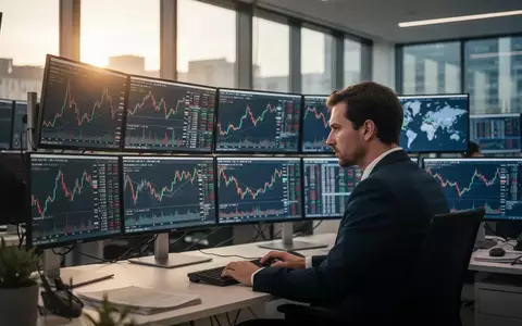 Börsenhändler an einem Schreibtisch vor mehreren Monitoren mit Finanzdaten in einem Frankfurter Büro. - Foto: über boerse-global.de