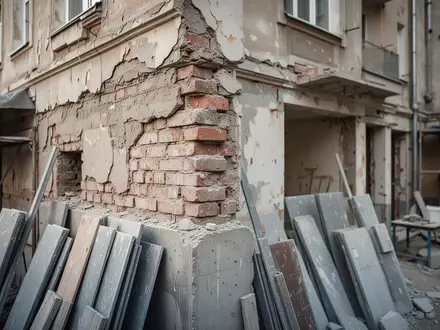Baustelle in einem älteren Gebäude mit freigelegtem Mauerwerk und Baumaterialien bei Tageslicht. - Foto: über boerse-global.de