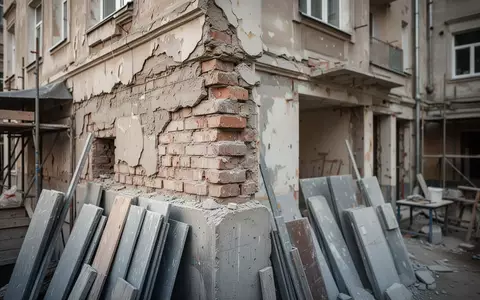 Baustelle in einem älteren Gebäude mit freigelegtem Mauerwerk und Baumaterialien bei Tageslicht. - Foto: über boerse-global.de