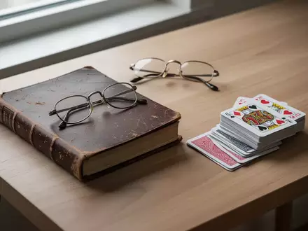 Ein offenes Buch und ein Kartenspiel liegen auf einem Schreibtisch aus Holz in einer ruhigen, lichtdurchfluteten Umgebung. - Foto: über boerse-global.de