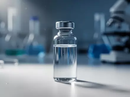 Ein gläsernes Fläschchen mit einer klaren Flüssigkeit auf einem sterilen Labortisch, das medizinische Forschung symbolisiert. - Foto: über boerse-global.de