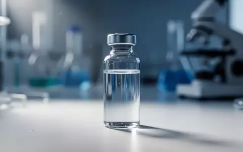 Ein gläsernes Fläschchen mit einer klaren Flüssigkeit auf einem sterilen Labortisch, das medizinische Forschung symbolisiert. - Foto: über boerse-global.de