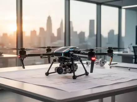 Eine professionelle Industriedrohne auf einem modernen Arbeitstisch in einem hellen Ingenieurbüro mit Stadtblick. - Foto: über boerse-global.de