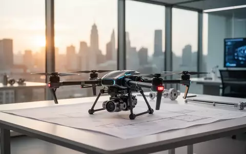 Eine professionelle Industriedrohne auf einem modernen Arbeitstisch in einem hellen Ingenieurbüro mit Stadtblick. - Foto: über boerse-global.de