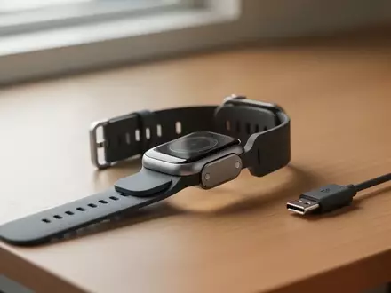 Ein modernes Apple-Watch-Armband mit integriertem magnetischem Lademodul liegt auf einem Holztisch neben einem USB-C-Kabel. - Foto: über boerse-global.de