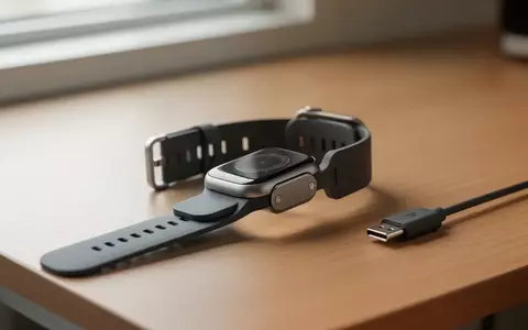 Ein modernes Apple-Watch-Armband mit integriertem magnetischem Lademodul liegt auf einem Holztisch neben einem USB-C-Kabel. - Foto: über boerse-global.de