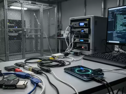 Laborumgebung für IT-Forensik mit Spezialhardware und einem isolierten Smartphone zur Datenwiederherstellung. - Foto: über boerse-global.de