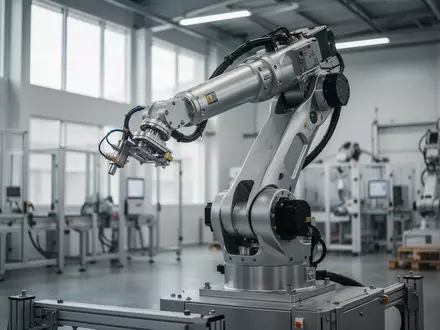 Ein hochmoderner Industrieroboterarm in einer automatisierten Lagerhalle bei natürlichem Lichteinfall. - Foto: über boerse-global.de
