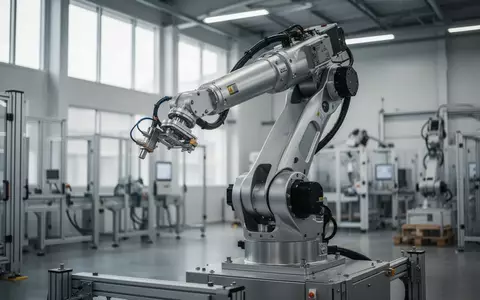 Ein hochmoderner Industrieroboterarm in einer automatisierten Lagerhalle bei natürlichem Lichteinfall. - Foto: über boerse-global.de