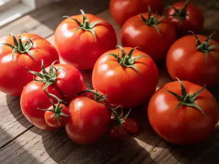 Frische, reife Tomaten auf einer rustikalen Holzoberfläche in natürlichem Licht. - Foto: über boerse-global.de