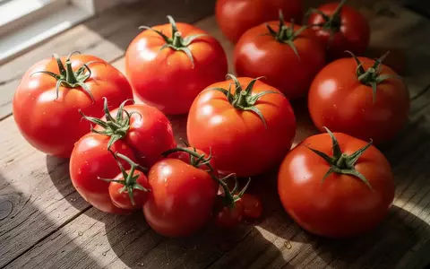 Frische, reife Tomaten auf einer rustikalen Holzoberfläche in natürlichem Licht. - Foto: über boerse-global.de