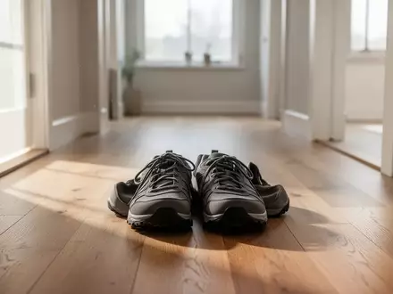 Ein Paar bequeme Laufschuhe auf einem Holzboden in einem lichtdurchfluteten Flur als Symbol für Alltagsbewegung. - Foto: über boerse-global.de