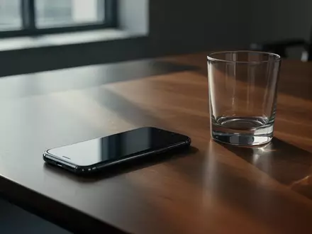 Ein minimalistischer Schreibtisch mit einem Smartphone auf einer dunklen Holzoberfläche in natürlichem Licht. - Foto: über boerse-global.de