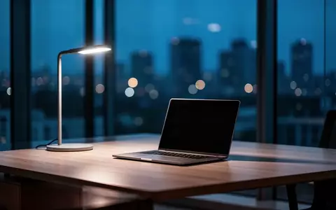 Ein leerer, minimalistischer Schreibtisch in einem modernen Büro bei Dämmerung mit einem geschlossenen Laptop. - Foto: über boerse-global.de