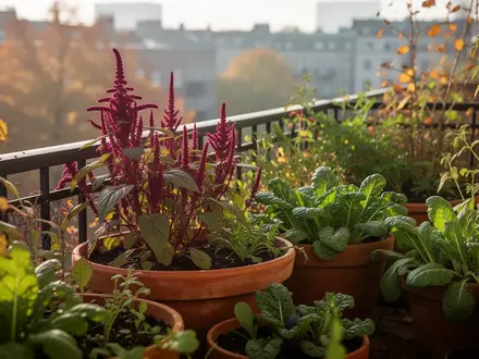 Verschiedene Nutzpflanzen in Töpfen auf einem urbanen Balkon an einem sonnigen Herbsttag. - Foto: über boerse-global.de