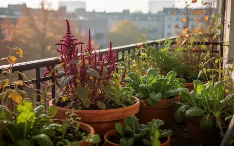 Verschiedene Nutzpflanzen in Töpfen auf einem urbanen Balkon an einem sonnigen Herbsttag. - Foto: über boerse-global.de