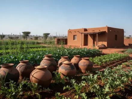 Ein sonnendurchfluteter Gemüsegarten mit ertragreichen Pflanzen und traditionellen Vorratsgefäßen vor einem ländlichen Gehöft. - Foto: über boerse-global.de