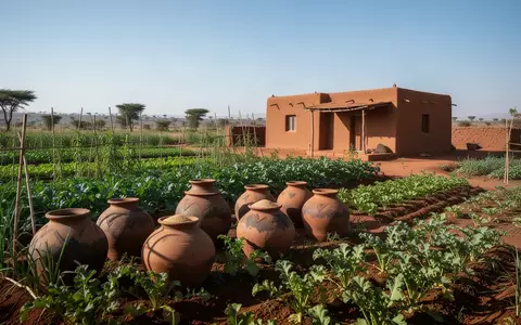 Ein sonnendurchfluteter Gemüsegarten mit ertragreichen Pflanzen und traditionellen Vorratsgefäßen vor einem ländlichen Gehöft. - Foto: über boerse-global.de