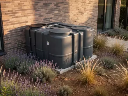 Ein moderner, grauer Regenwasserspeicher in einem Garten mit trockenheitsresistenten Pflanzen vor einer Ziegelwand. - Foto: über boerse-global.de