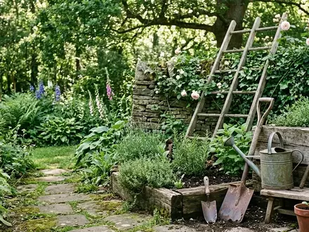 Ein Garten mit dekorativ arrangierten, alten Gegenständen und recycelten Materialien inmitten einer üppigen Bepflanzung. - Foto: über boerse-global.de