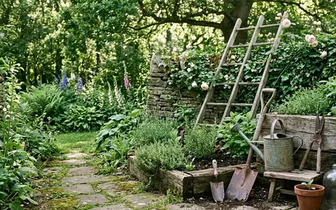 Ein Garten mit dekorativ arrangierten, alten Gegenständen und recycelten Materialien inmitten einer üppigen Bepflanzung. - Foto: über boerse-global.de