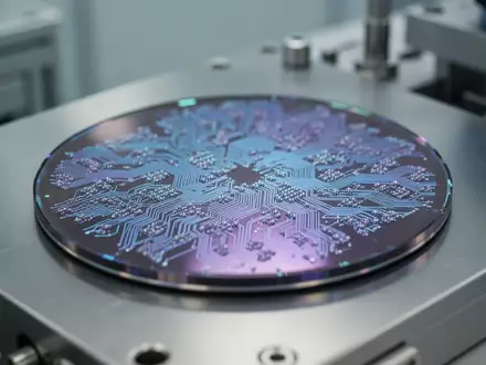 Nahaufnahme eines mikrostrukturierten Halbleiter-Wafers in einem Labor, der irisierendes Licht reflektiert. - Foto: über boerse-global.de