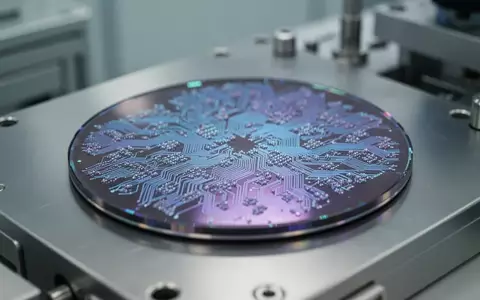 Nahaufnahme eines mikrostrukturierten Halbleiter-Wafers in einem Labor, der irisierendes Licht reflektiert. - Foto: über boerse-global.de
