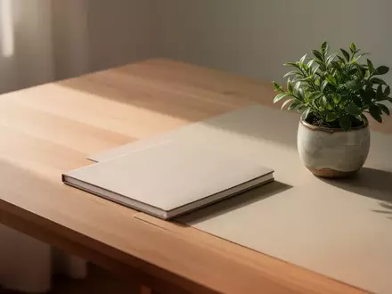 Ein minimalistischer, sonnendurchfluteter Schreibtisch mit einem geschlossenen Notizbuch und einer kleinen Pflanze. - Foto: über boerse-global.de