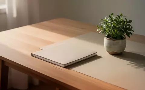Ein minimalistischer, sonnendurchfluteter Schreibtisch mit einem geschlossenen Notizbuch und einer kleinen Pflanze. - Foto: über boerse-global.de