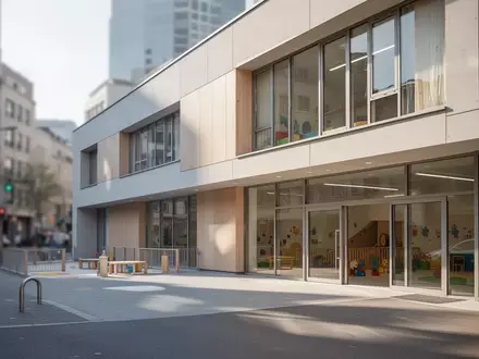 Modernes, leeres Kita-Gebäude in einem urbanen Umfeld bei Tageslicht. - Foto: über boerse-global.de