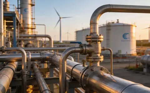 Moderne Industrieanlage zur Wasserstoffproduktion bei Sonnenuntergang mit Edelstahlrohren und Windrädern im Hintergrund. - Foto: über boerse-global.de