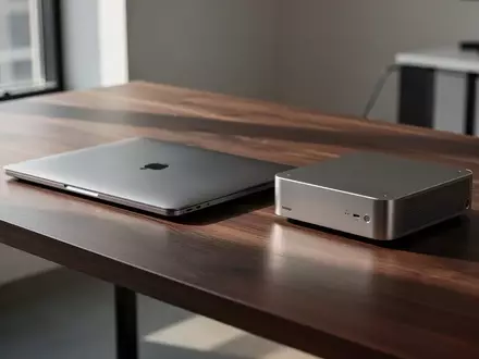 Hochwertiger, minimalistischer Arbeitsplatz mit einem modernen Laptop und einem kompakten Mini-PC in einem hellen Studio. - Foto: über boerse-global.de