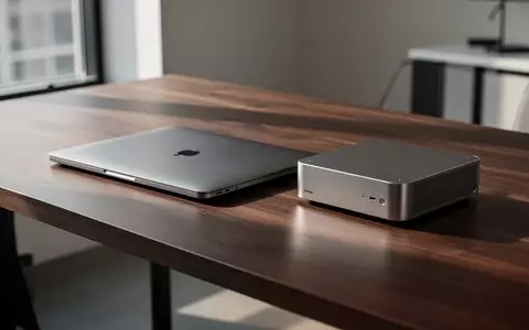Hochwertiger, minimalistischer Arbeitsplatz mit einem modernen Laptop und einem kompakten Mini-PC in einem hellen Studio. - Foto: über boerse-global.de