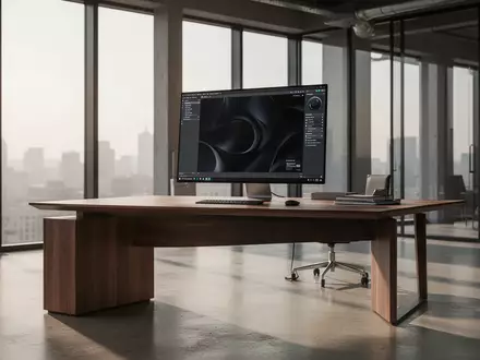 Ein minimalistischer, moderner Büroarbeitsplatz mit einem hochwertigen Monitor und natürlichem Tageslicht. - Foto: über boerse-global.de