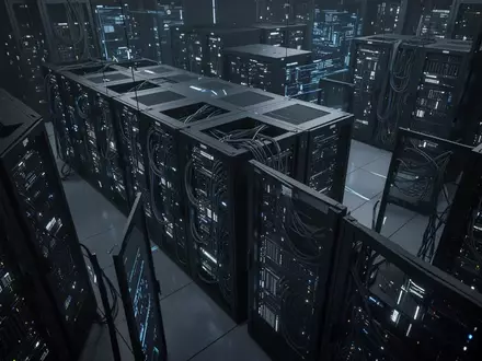Dunkler Serverraum mit leuchtenden Hardware-Racks und komplexer Verkabelung als Symbol für die Linux-Kernel-Entwicklung. - Foto: über boerse-global.de