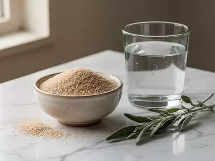 Nahaufnahme von Flohsamenschalen in einer Keramikschale neben einem Glas Wasser und Salbei auf einem Marmortisch. - Foto: über boerse-global.de