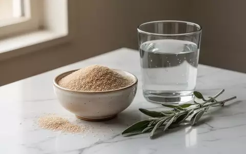 Nahaufnahme von Flohsamenschalen in einer Keramikschale neben einem Glas Wasser und Salbei auf einem Marmortisch. - Foto: über boerse-global.de
