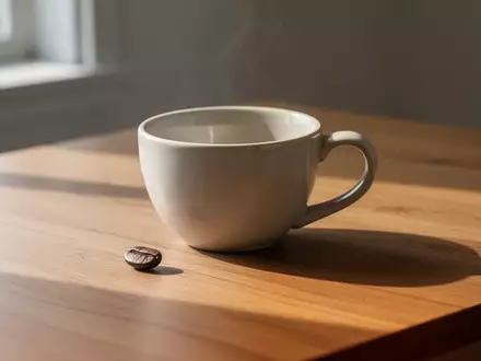 Eine einzelne Kaffeetasse und eine Kaffeebohne auf einem Holztisch bei natürlichem Lichteinfall. - Foto: über boerse-global.de