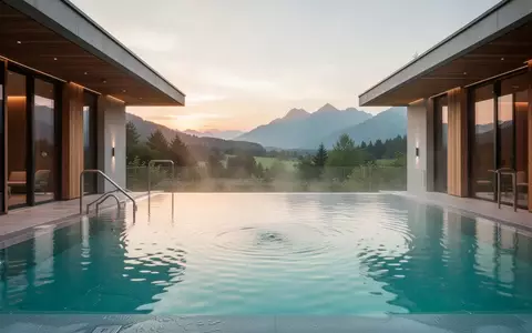 Ein ruhiges Außenbecken in einer Therme mit türkisfarbenem Wasser und einer modernen Architektur in einer Berglandschaft. - Foto: über boerse-global.de