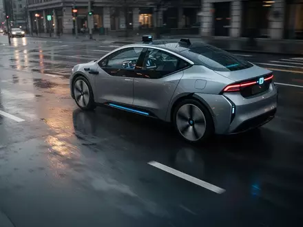 Ein autonomes Fahrzeug auf einer regennassen Stadtstraße bei Dämmerung. - Foto: über boerse-global.de