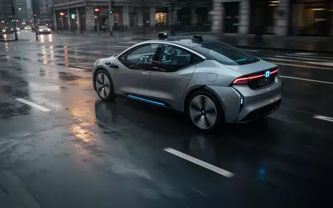 Ein autonomes Fahrzeug auf einer regennassen Stadtstraße bei Dämmerung. - Foto: über boerse-global.de