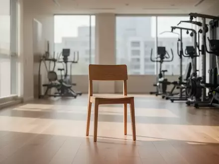 Ein minimalistischer, lichtdurchfluteter Fitnessraum mit einem leeren Holzstuhl in der Mitte als Symbol für Gesundheitsprävention. - Foto: über boerse-global.de
