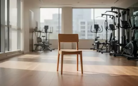 Ein minimalistischer, lichtdurchfluteter Fitnessraum mit einem leeren Holzstuhl in der Mitte als Symbol für Gesundheitsprävention. - Foto: über boerse-global.de