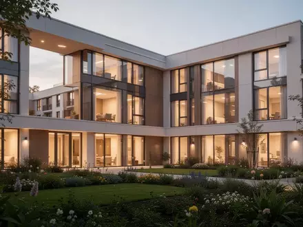 Neubau eines modernen Seniorenzentrums in der Abenddämmerung mit beleuchteten Fenstern und gepflegter Außenanlage. - Foto: über boerse-global.de