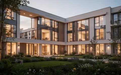 Neubau eines modernen Seniorenzentrums in der Abenddämmerung mit beleuchteten Fenstern und gepflegter Außenanlage. - Foto: über boerse-global.de