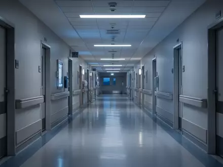 Leerer, steriler Krankenhausflur bei Dämmerlicht mit reflektierenden Bodenflächen und kühler Beleuchtung. - Foto: über boerse-global.de