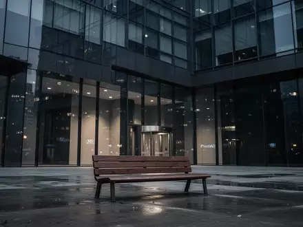 Moderne Bankfassade in der Dämmerung mit einer leeren Sitzbank im Vordergrund. - Foto: über boerse-global.de