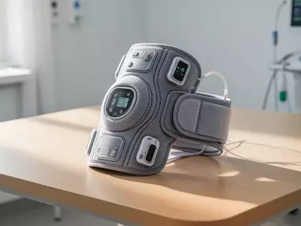 Eine moderne textile Kniebandage mit integrierter Elektronik zur Muskelstimulation auf einer hellen Holzoberfläche. - Foto: über boerse-global.de
