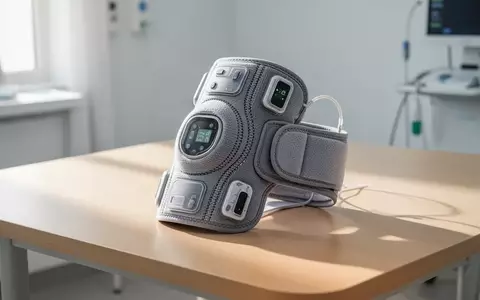 Eine moderne textile Kniebandage mit integrierter Elektronik zur Muskelstimulation auf einer hellen Holzoberfläche. - Foto: über boerse-global.de